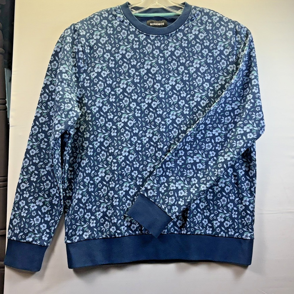 Bonobos Mens Blue Floral Crewneck Sweater Long‎ Sleeve Cotton Blend Medium